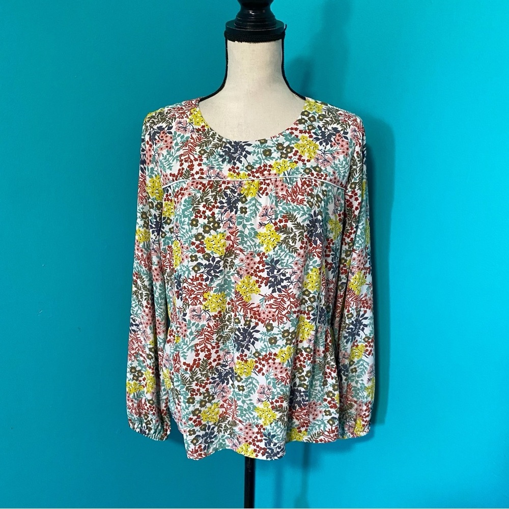 LOFT XS Colorful Yellow Floral Print Long Sleeve Keyhole Back Blouse Top